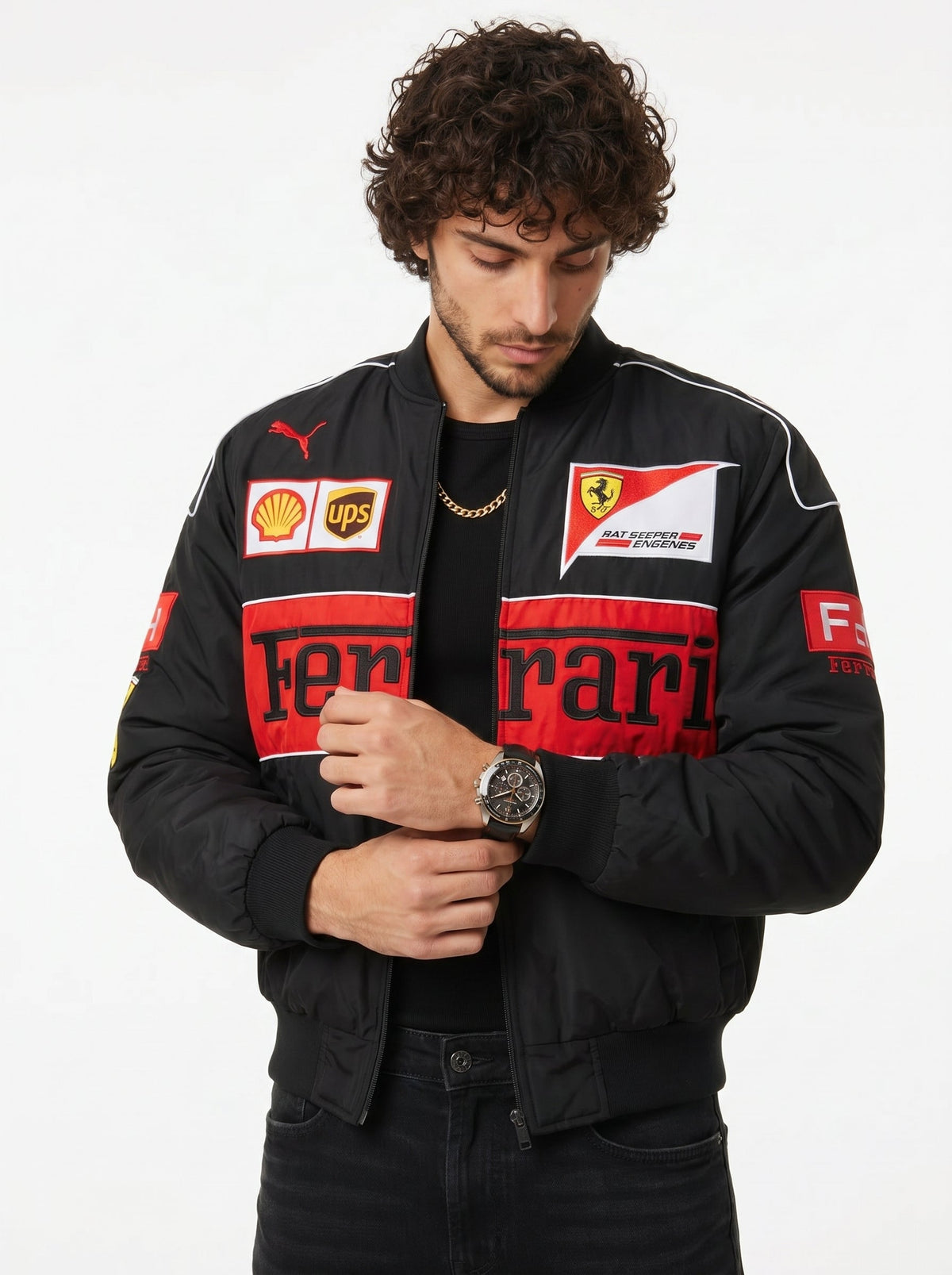 Eclatte Ferrari Racing Jacket — Black F1-inspired streetwear for men with motorsport sponsor logos