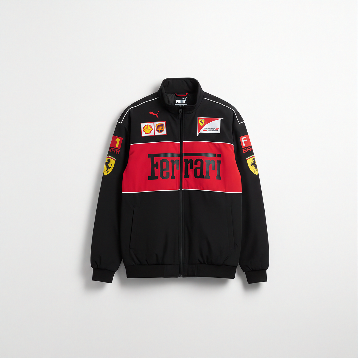 Black and red Ferrari jacket with various logos on a light gray background
