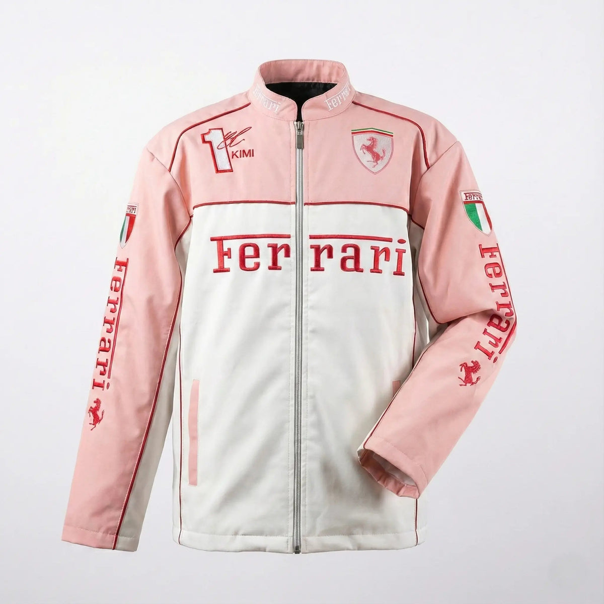 Pink and white streetwear zip-up jacket with Ferrari logo and racing team patches