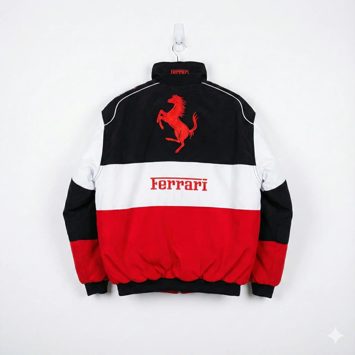 Colorblock streetwear jacket with red, white, and black panels, featuring a bold prancing horse and logo on the back.