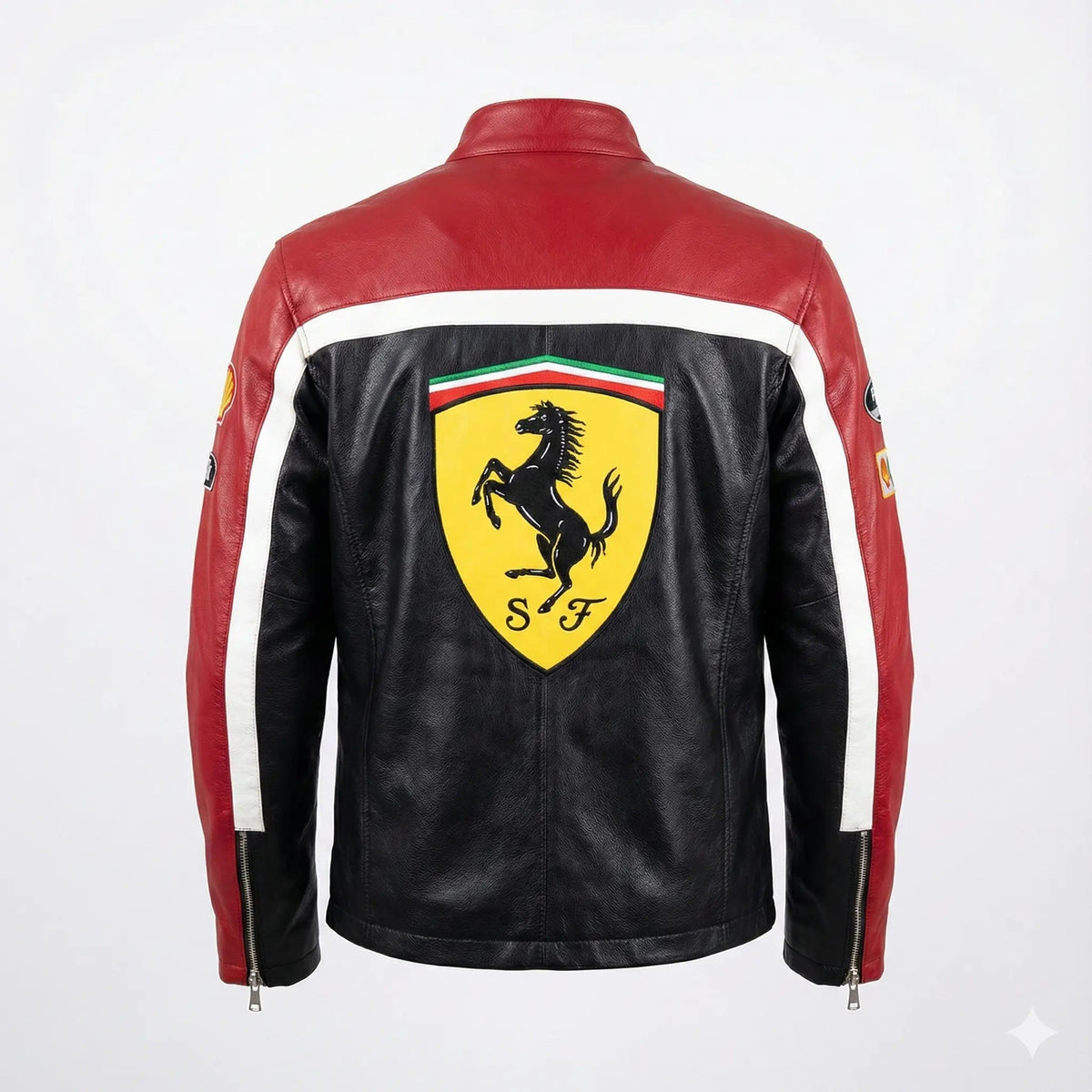 Red and black leather racing jacket with yellow prancing horse logo on back, sporty streetwear