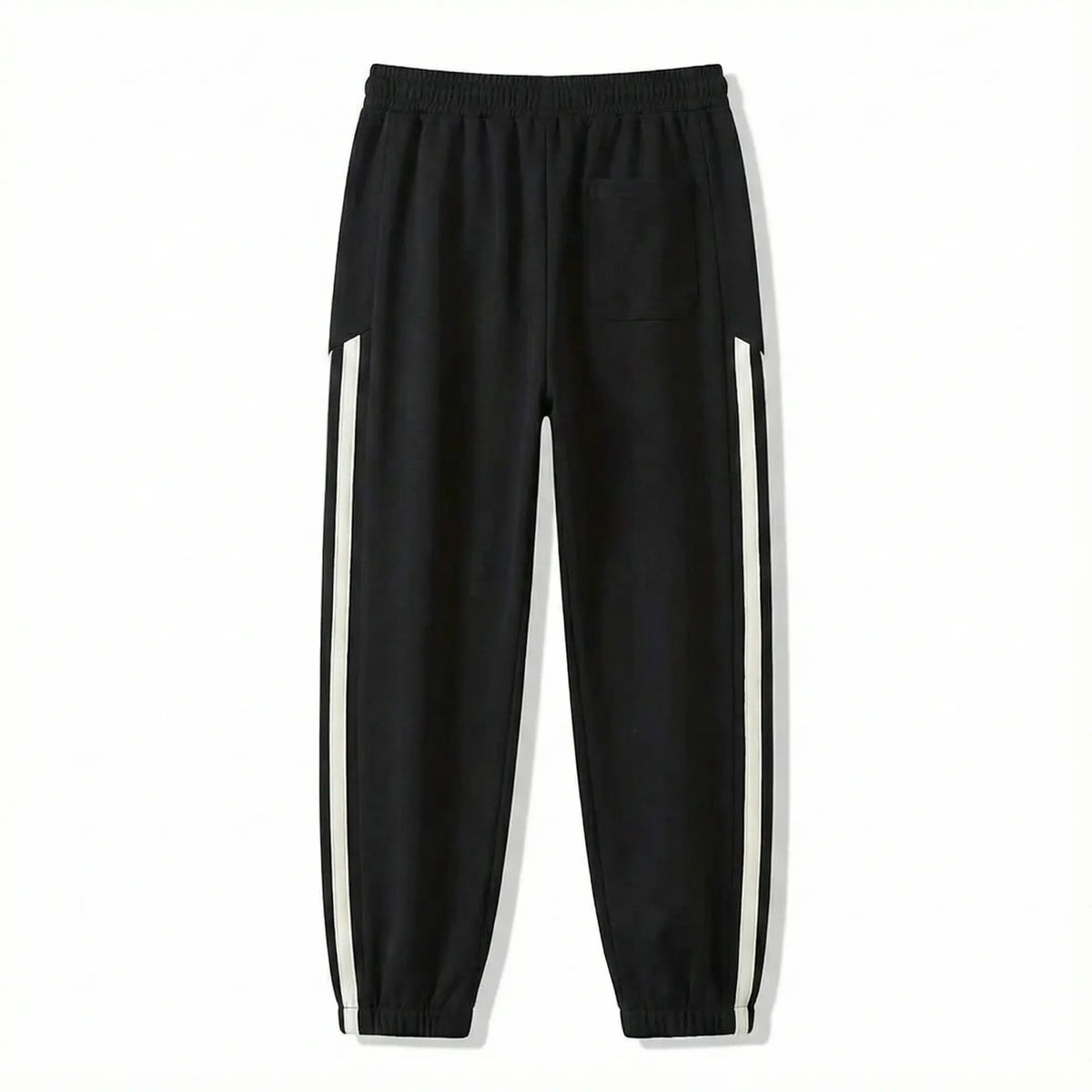 Black streetwear jogger pants with white side stripes and elastic waistband