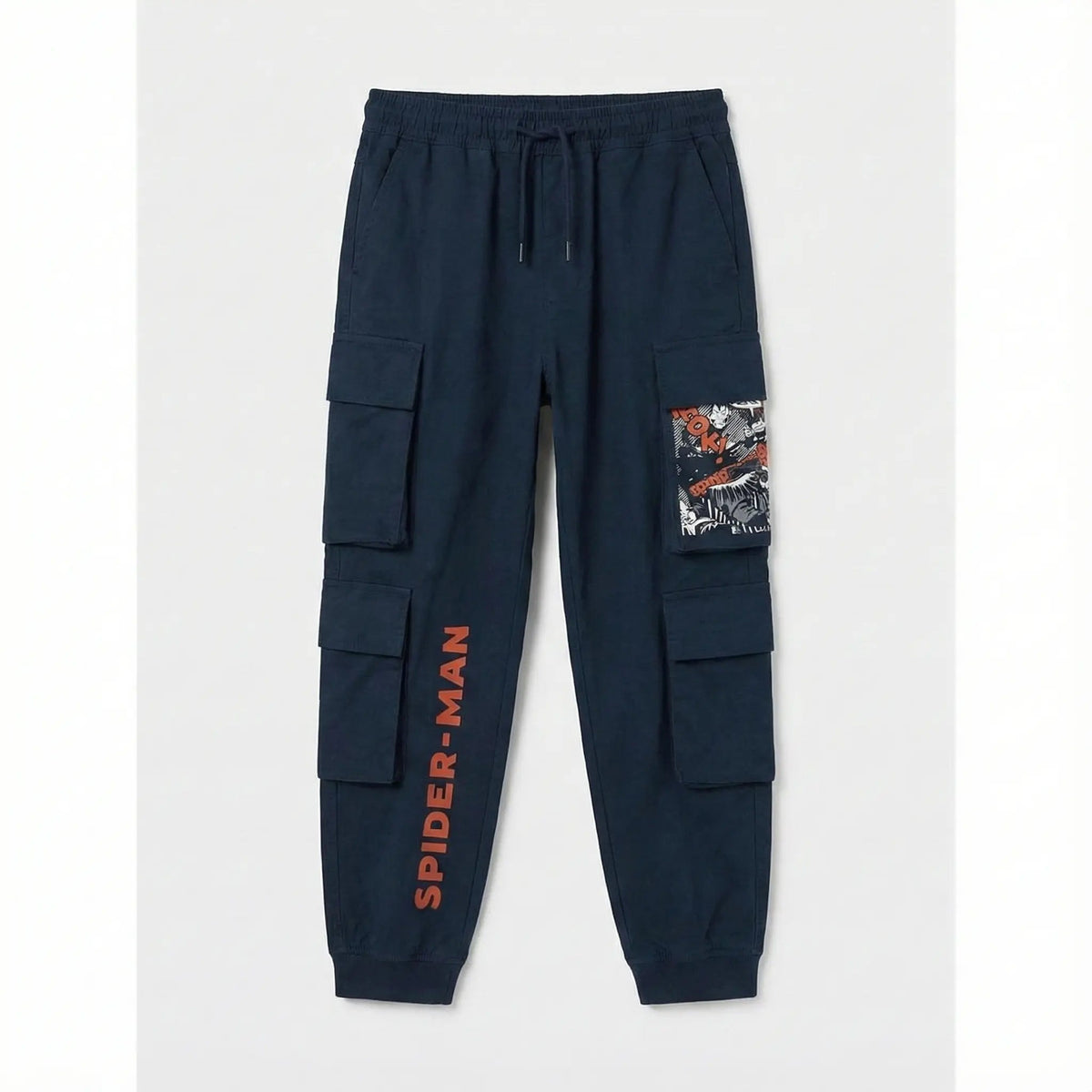 Navy cargo jogger pants with Spider-Man text, comic patch on side pocket, and multiple pockets