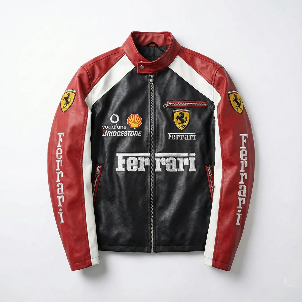 Black and red racing leather jacket with Ferrari logos, white sleeves, motorsport patches