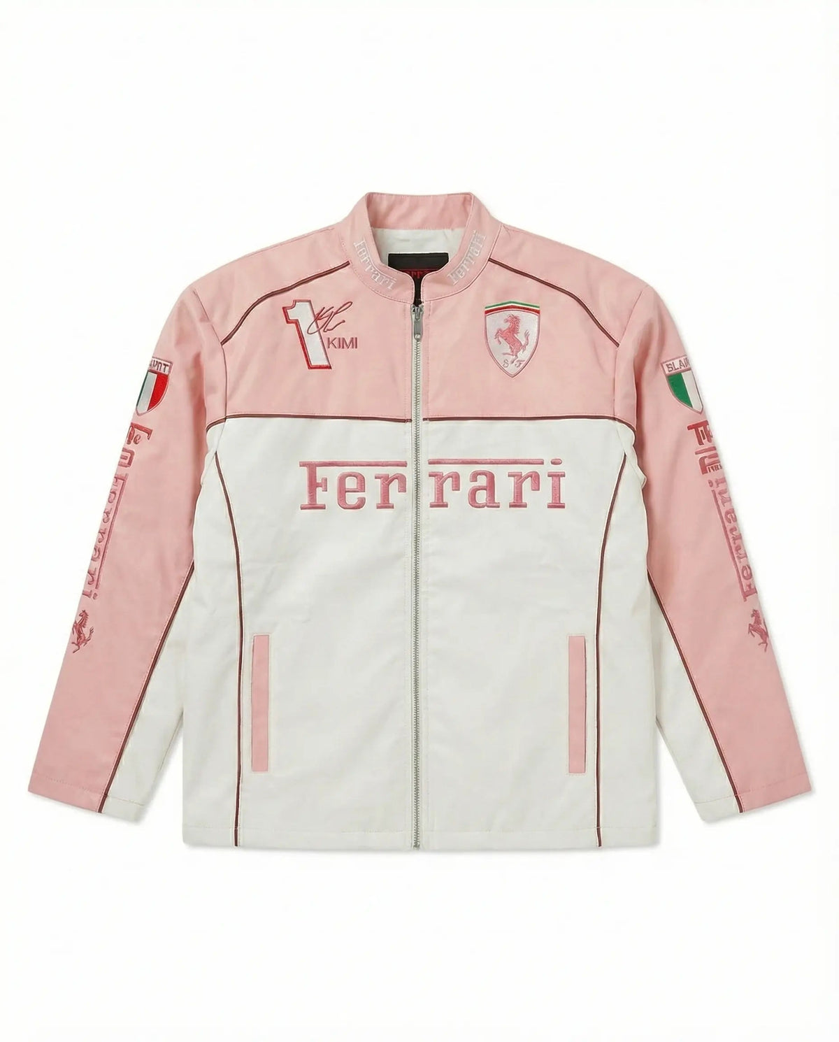 Pink and white streetwear jacket with bold logos, zip front, and embroidered patches