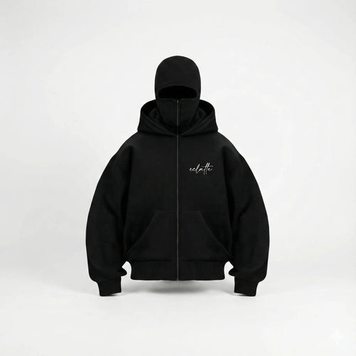 Black oversized zip-up hoodie with front logo, modern streetwear, front view on plain background