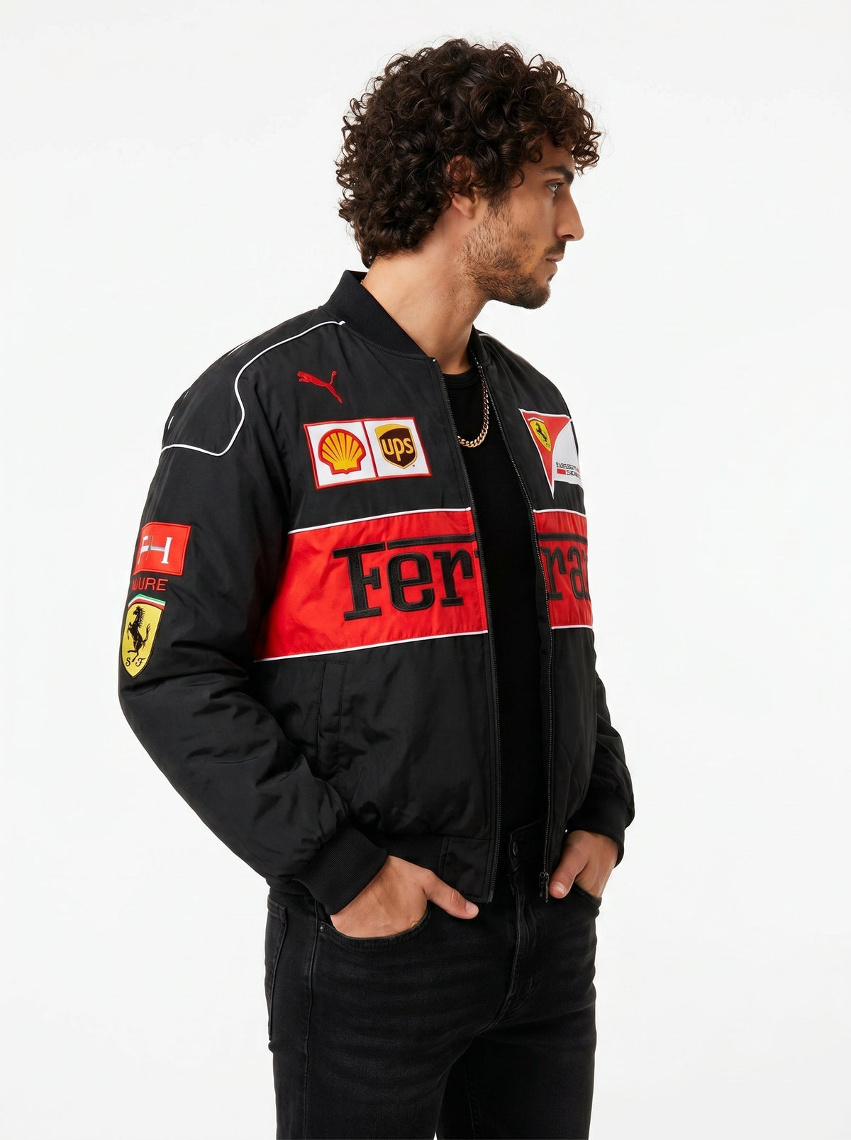 Side profile of the Eclatte Ferrari Racing Jacket showing Shell and UPS sponsor patches on the sleeve and chest.