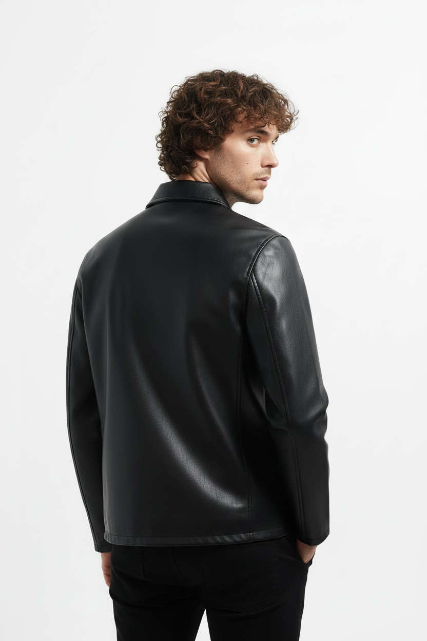 Black Leather Jacket Men with Collar — Zip Front, Slim Fit