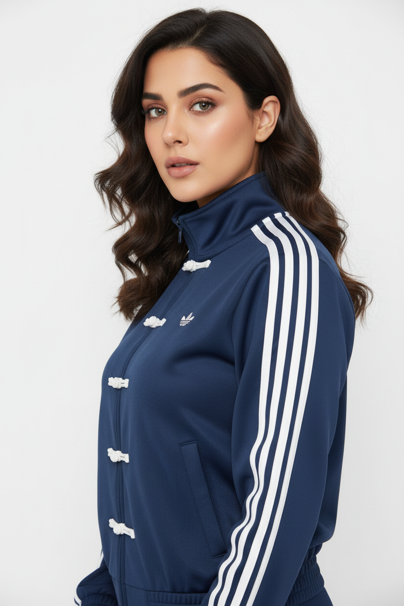 Female Model 3/4 Angle Adidas Navy Jacket