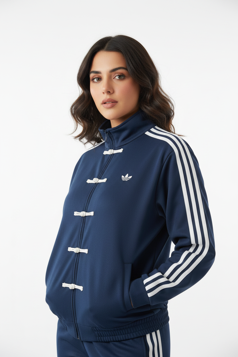 Female Model Hand In Pocket Adidas Navy Jacket