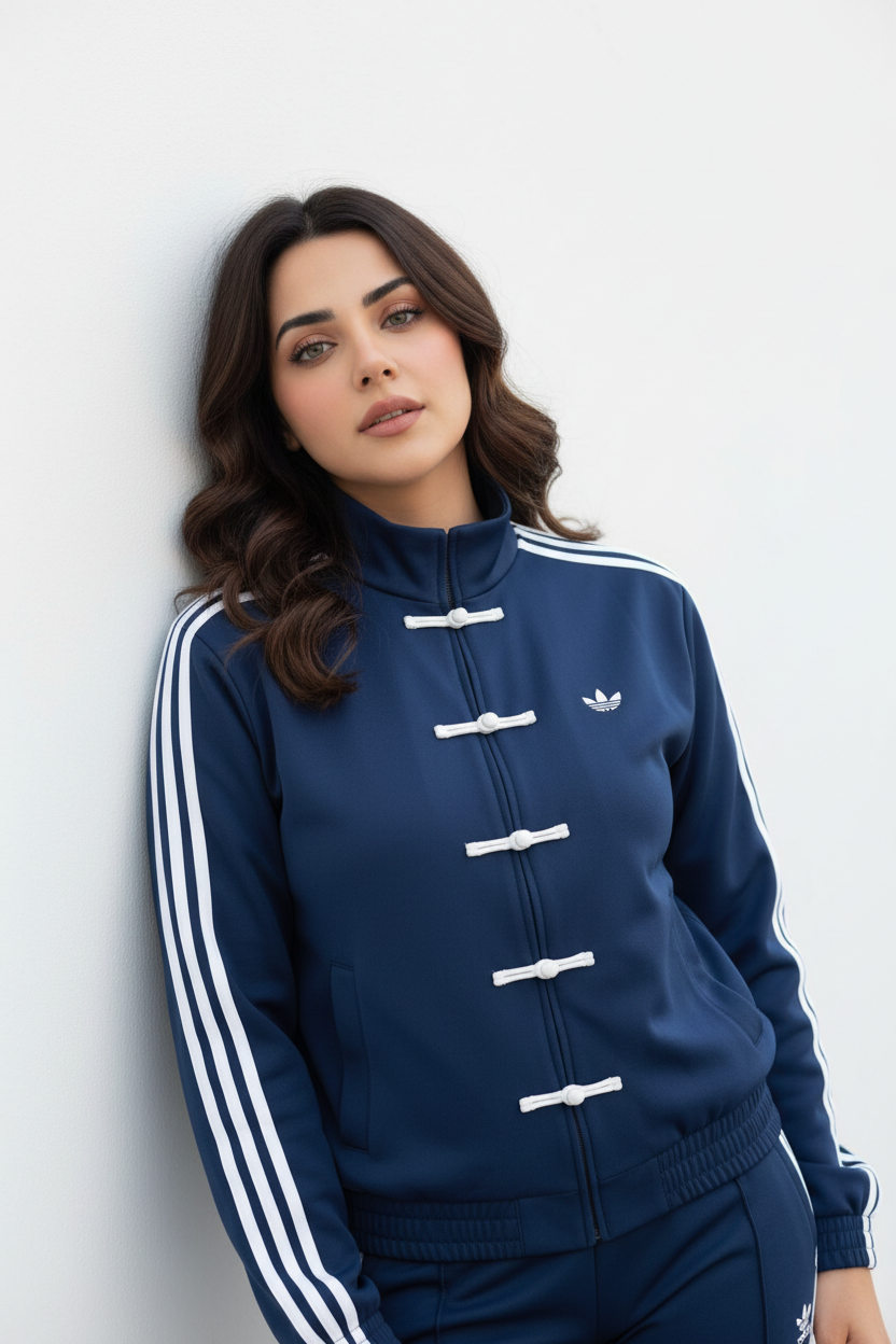 Female Model Leaning Against Wall Adidas Navy Jacket