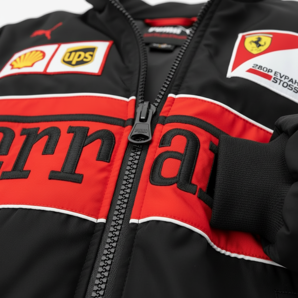 Black, red, and white jacket with Ferrari branding and various logos.