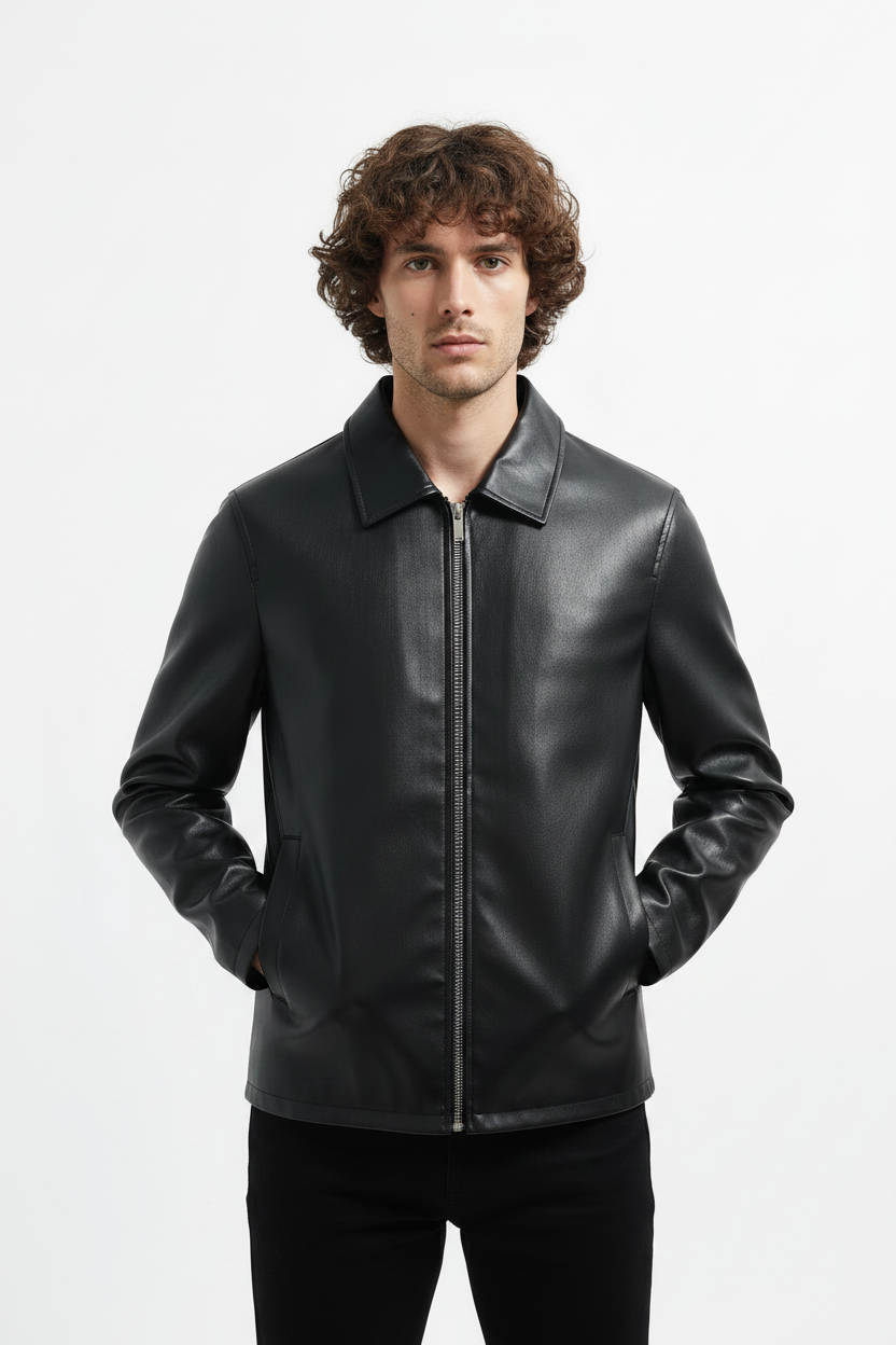 Black Leather Jacket Men with Collar — Zip Front, Slim Fit