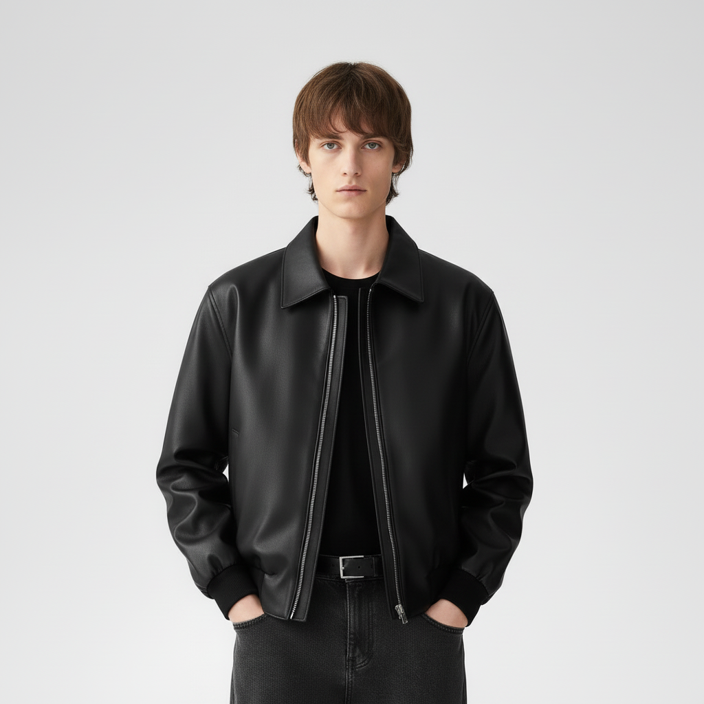 black leather jacket Front Serious Pose Hands in Pockets