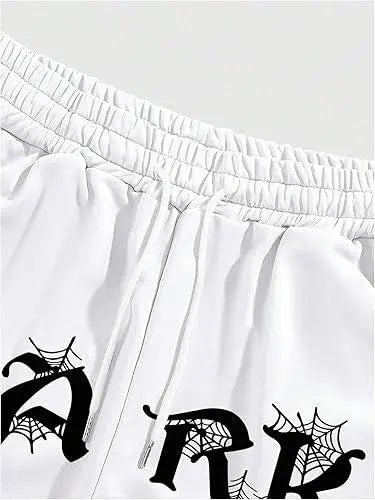 White baggy joggers with elastic waist, drawstring, and gothic black spiderweb lettering design.
