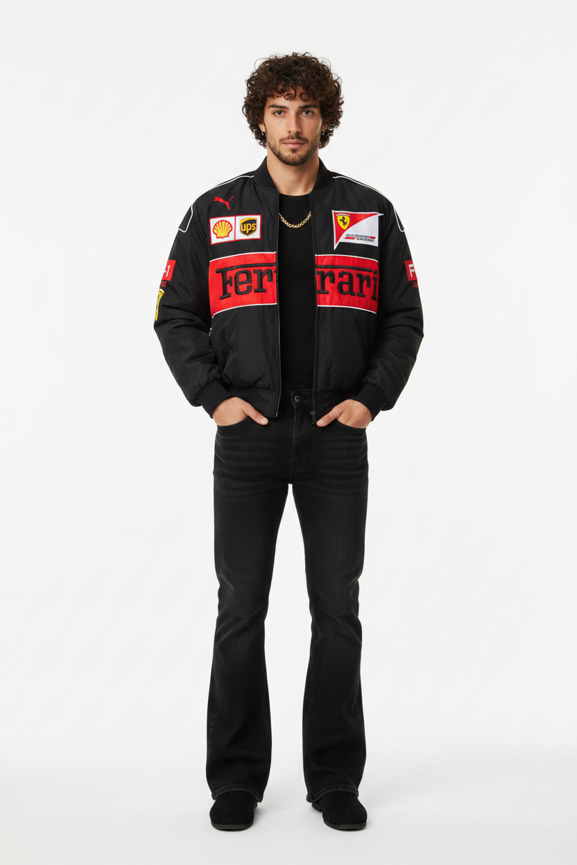 Male model styling the Eclatte Ferrari Racing Jacket with black bell-bottom jeans and a layered streetwear look.
