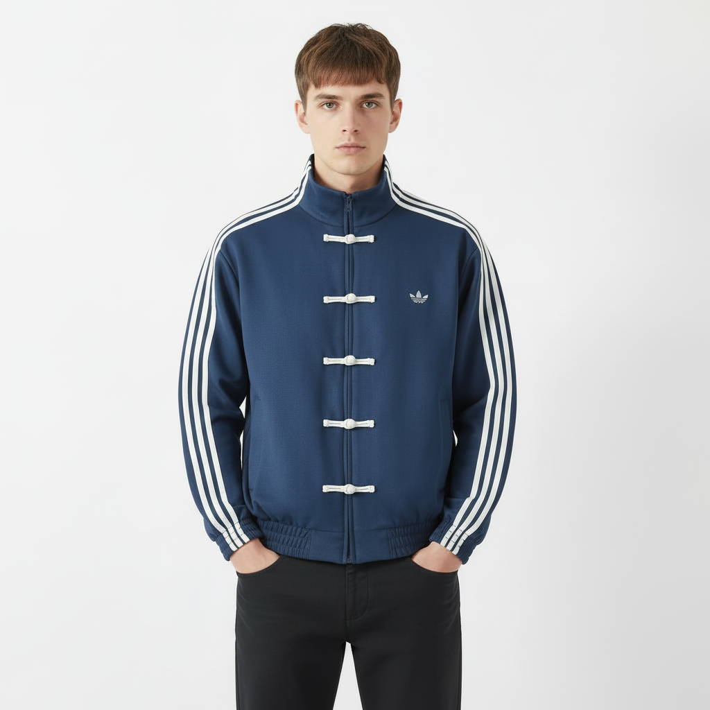 Chinese New Year Suede Track Jacket – Premium Festive Streetwear Navy Jacket Hands in Pockets Serious