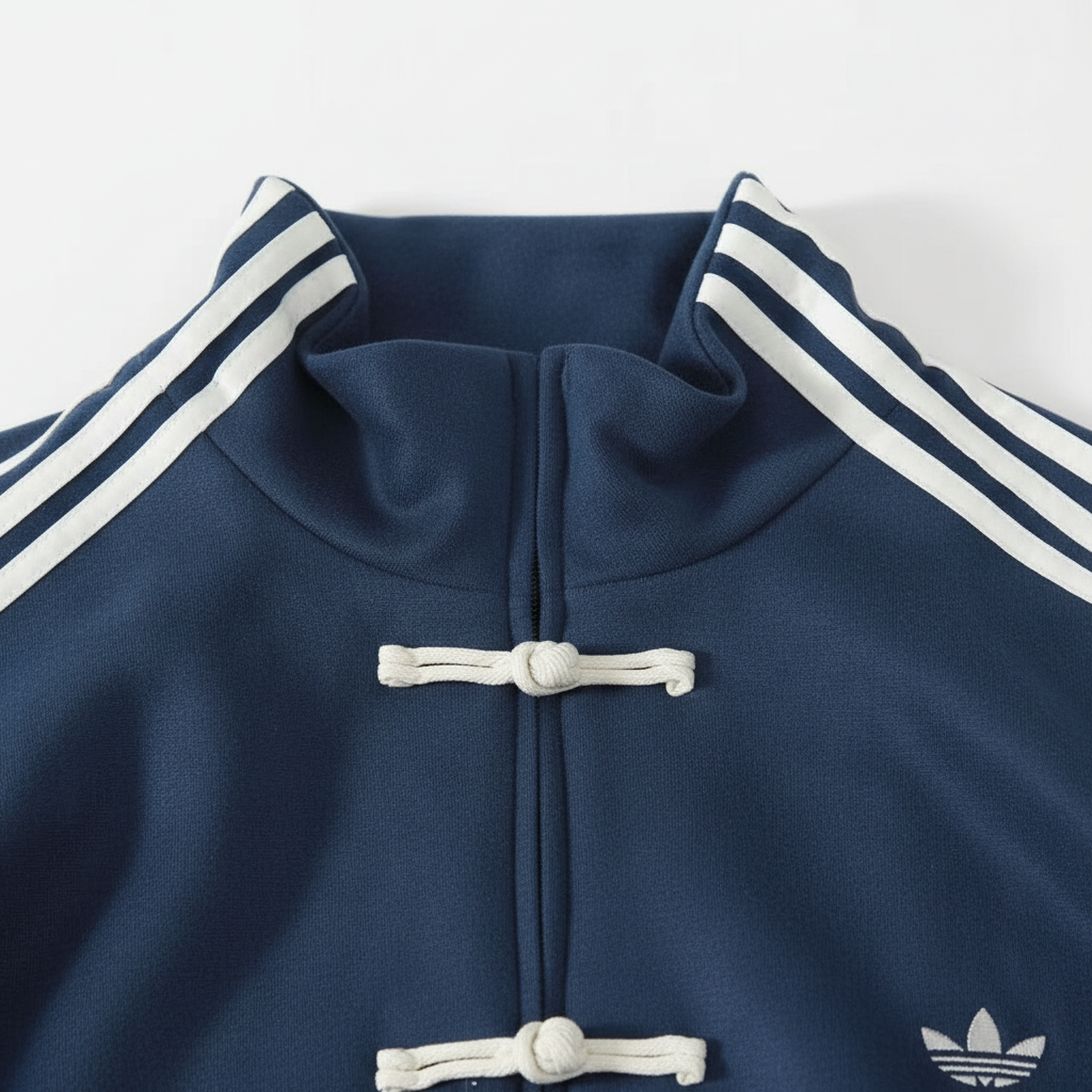 Chinese New Year Suede Track Jacket – Premium Festive Streetwear Navy Velvet Collar Frog Button Close-up