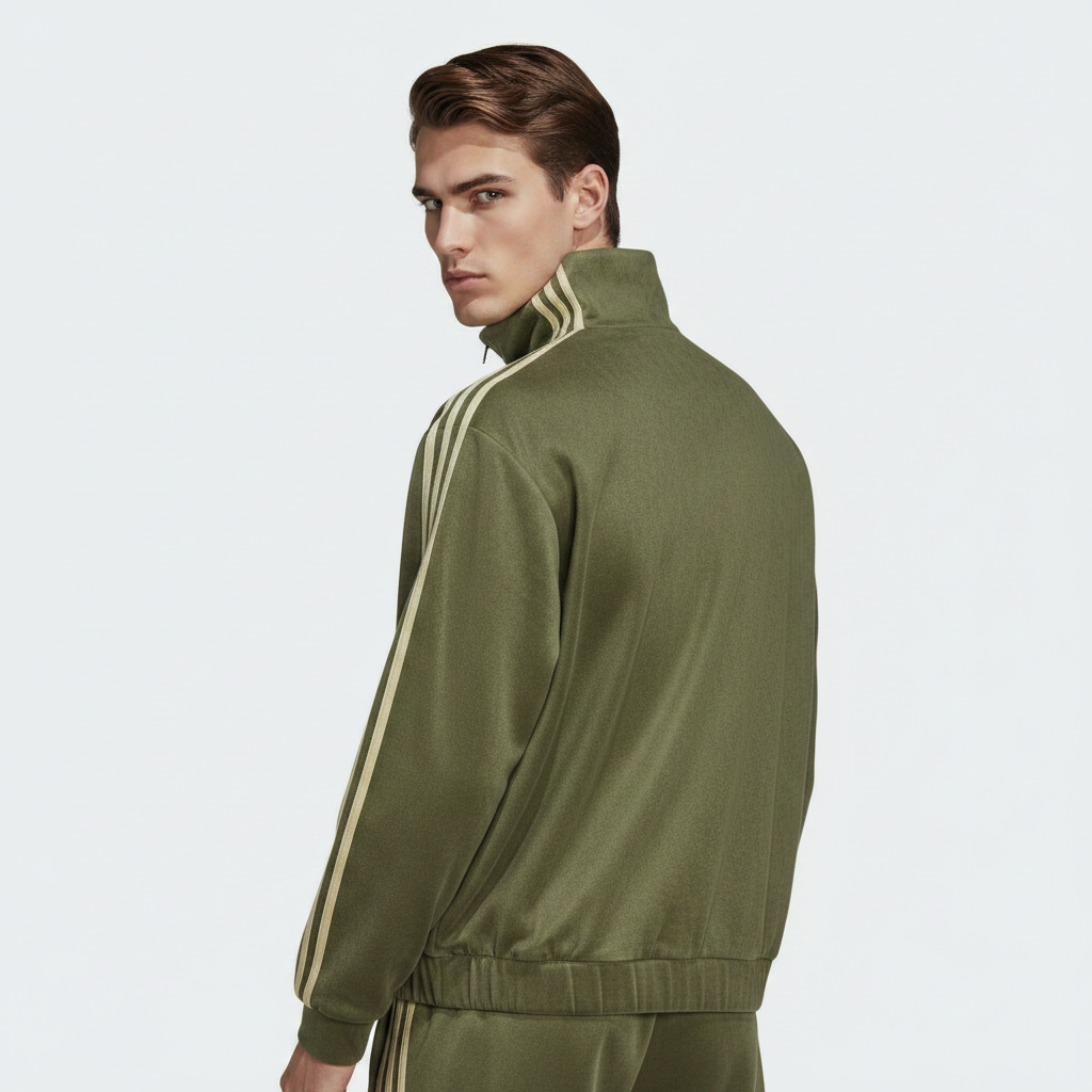 Man wearing a green cny jacket tracksuit with white stripes on a light gray background