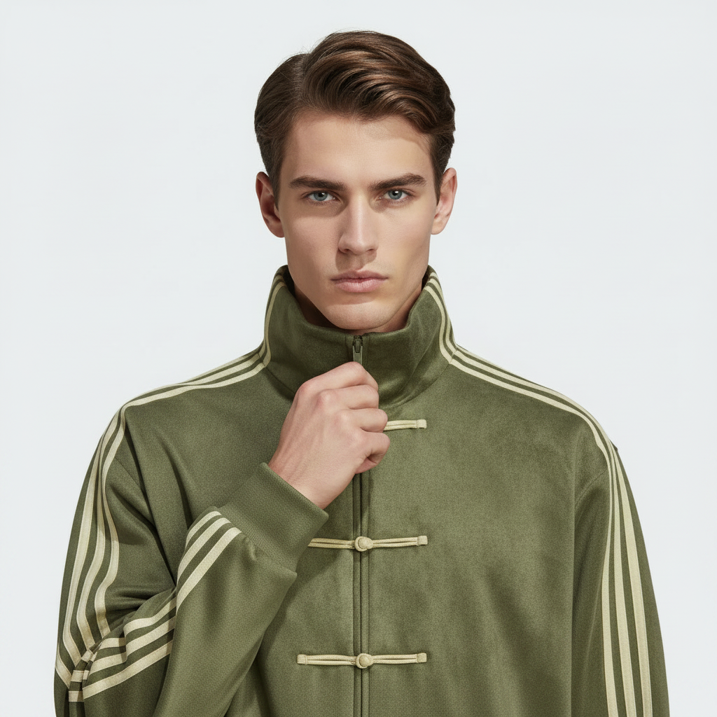 Man wearing a green cny jacket with white stripes on a light gray background