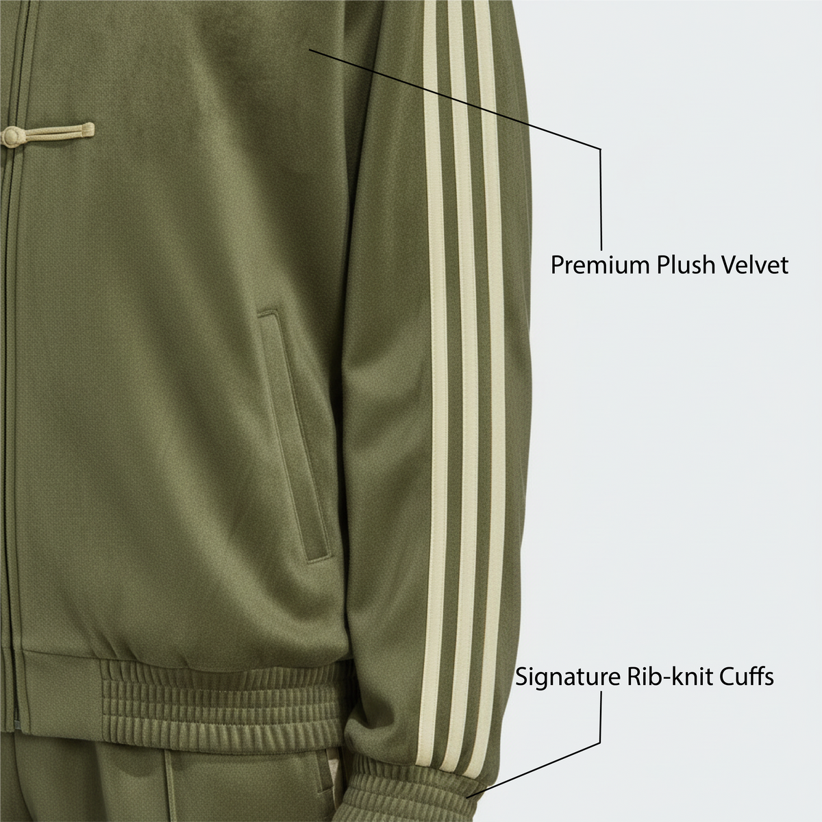 Green cny jacket tracksuit with white stripes on sleeve and text indicating 'Premium Plush Velvet' and 'Signature Rib-knit Cuffs'.