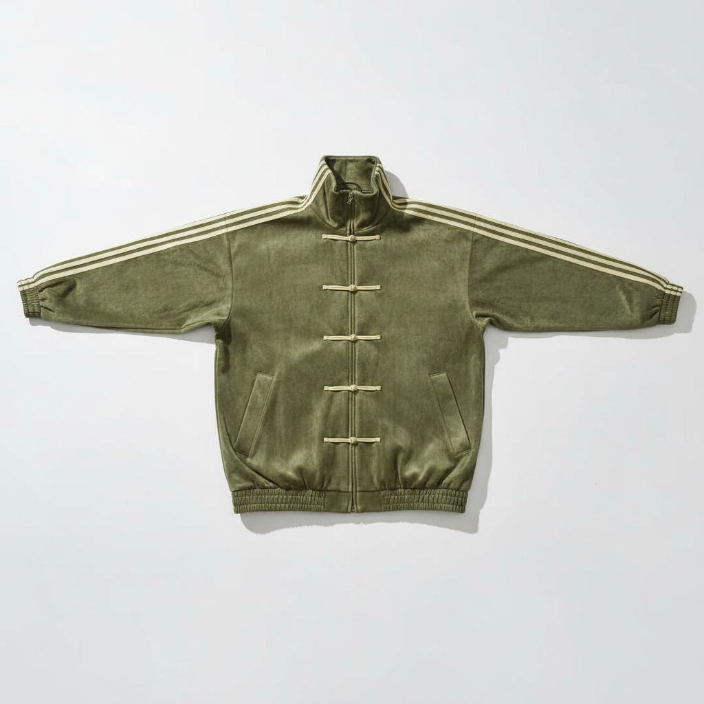 olive green CNY track jacket men with cream frog 
buttons and triple stripe sleeves by Eclatte flat lay