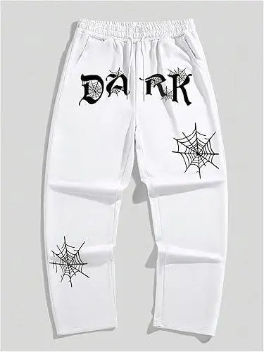 White streetwear baggy pants with black gothic 'DARK' text and spiderweb print graphics
